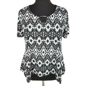 HOT GINGER Women Size 2XL Black Floral Asymmetric Ham Short Sleeve Blouse 192P